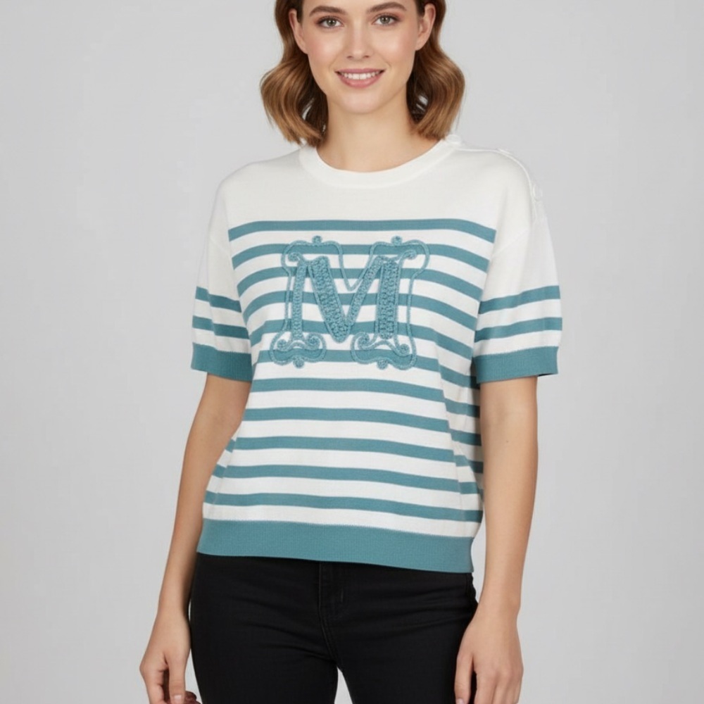 MaxMara Monogram Embroidered  Ragno Top In Blue Women's Size L